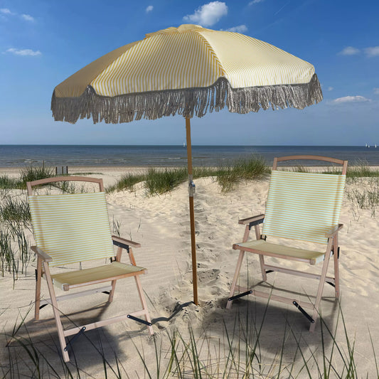 PARASOL EN POLYESTER AVEC RAYURES JAUNE ET BLANC AVEC FRANGES DIAM 180CM PLAYA