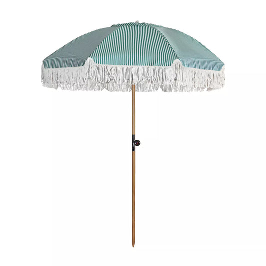 PARASOL EN POLYESTER AVEC RAYURES VERT ET BLANC AVEC FRANGES DIAM 180CM PLAYA
