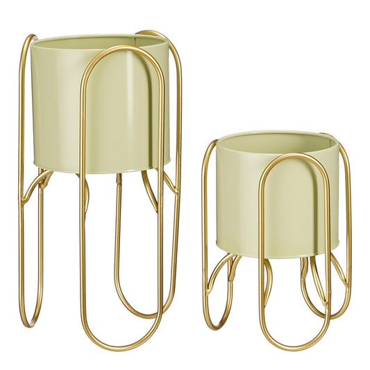 Danube Flowerpot sur standard - ensemble de 2 - métal - H45 x Ø23 cm - vert clair, or