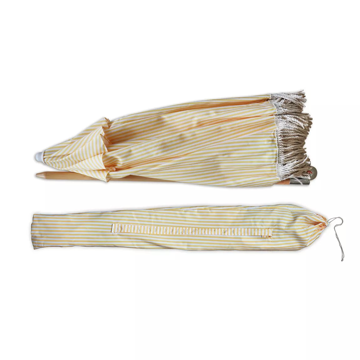 PARASOL EN POLYESTER AVEC RAYURES JAUNE ET BLANC AVEC FRANGES DIAM 180CM PLAYA