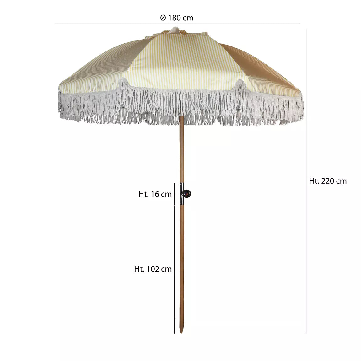 PARASOL EN POLYESTER AVEC RAYURES JAUNE ET BLANC AVEC FRANGES DIAM 180CM PLAYA