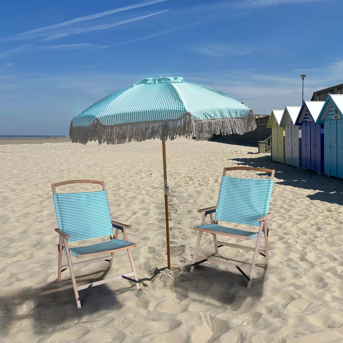 PARASOL EN POLYESTER AVEC RAYURES VERT ET BLANC AVEC FRANGES DIAM 180CM PLAYA