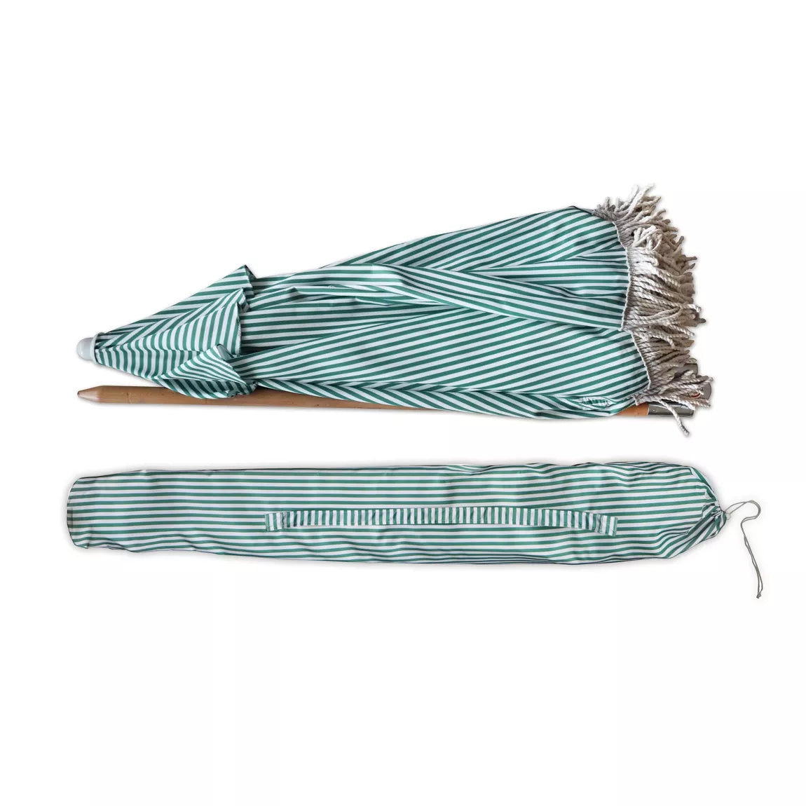 PARASOL EN POLYESTER AVEC RAYURES VERT ET BLANC AVEC FRANGES DIAM 180CM PLAYA
