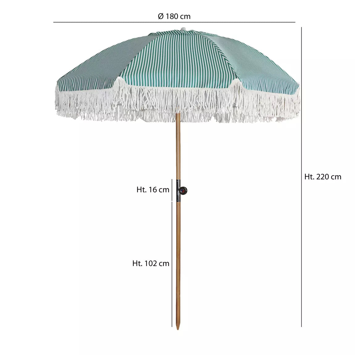 PARASOL EN POLYESTER AVEC RAYURES VERT ET BLANC AVEC FRANGES DIAM 180CM PLAYA